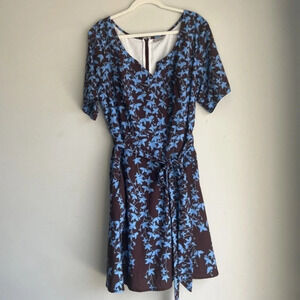 eShakti Plus Size 2X Brown Blue Fit and Flare Floral Dress